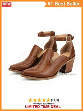 Women's Cowboy Booties Pointed Toe Chunky Heel Ankle Strap Heeled Sandals